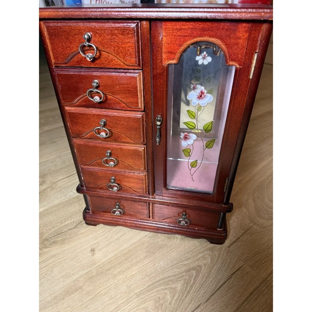 Tabletop Mahogany Jewelry Armoire Box Storage Chest Etched Glass Door 6 Drawers